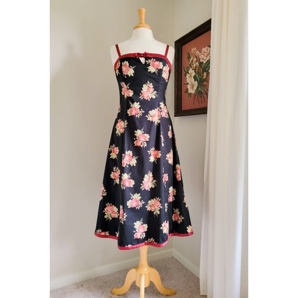 90s Black Floral Satin Bow 1990s Vintage Fit & Flare Midi Length Cotton Dress - Picture 5 of 15